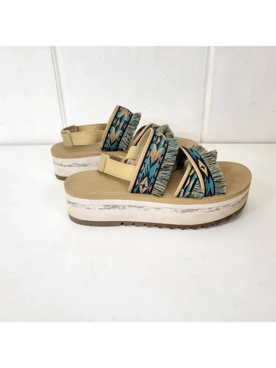 Teva Women's Fringe Platform Sandals With Aztec Print Straps & Wedge Sole Beige - Picture 2 of 9